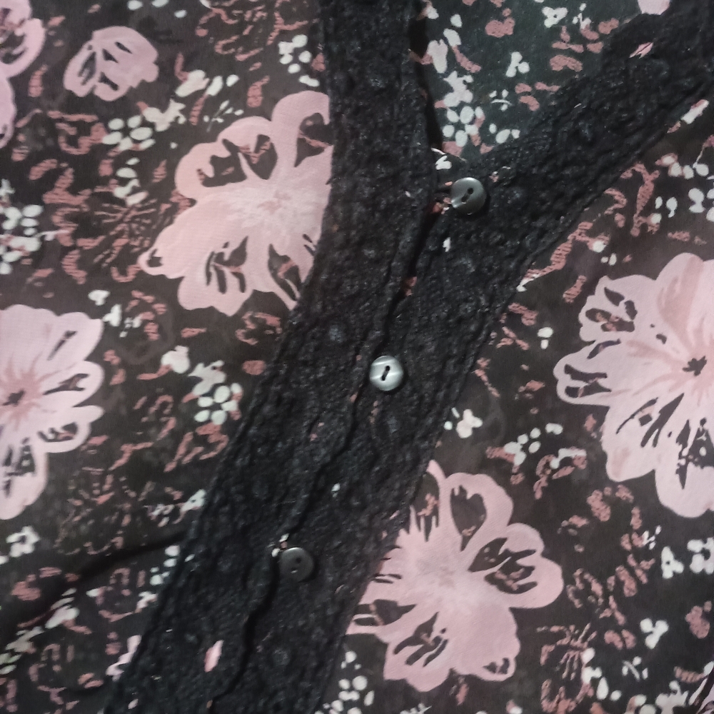 Women's Floral Black and Pink Ruffle Bell Sleeve Top - Picture 2 of 7